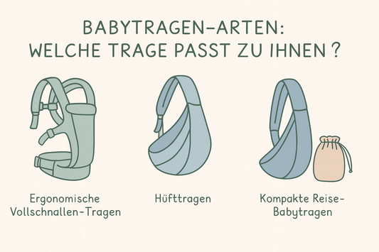 Illustration von drei Babytragen-Arten: Vollschnallen-, Hüft- und Reise-Trage.