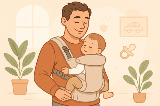 Vater trägt Baby in Babytrage – Nähe und Geborgenheit genießen.