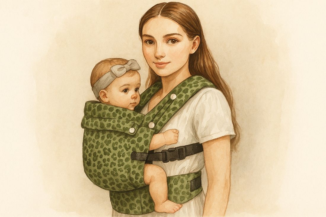 Mutter trägt Baby in grüner Babytrage mit Leopardenmuster.