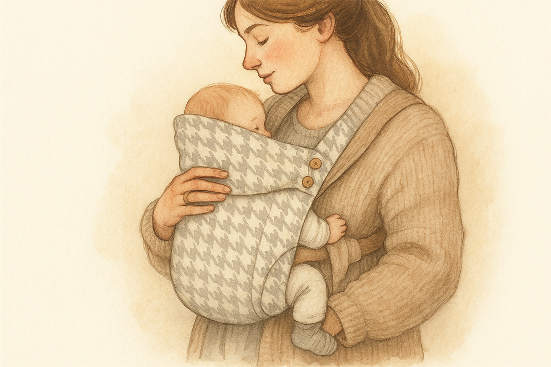 Mutter trägt Baby ergonomisch in Tragehilfe – gesund und geborgen