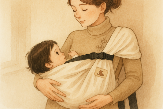 Mutter trägt Baby in ergonomischer Babytrage mit sicherem Halt