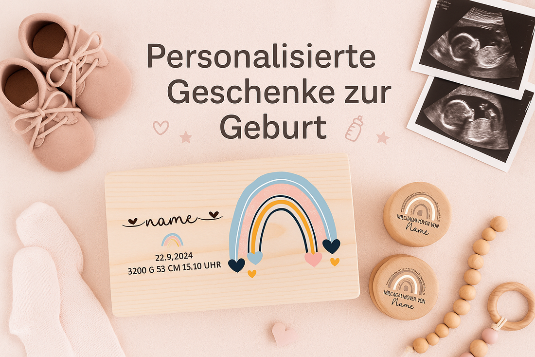 Personalisierte Geschenke zur Geburt mit Namen und Geburtsdaten auf Holzbox.