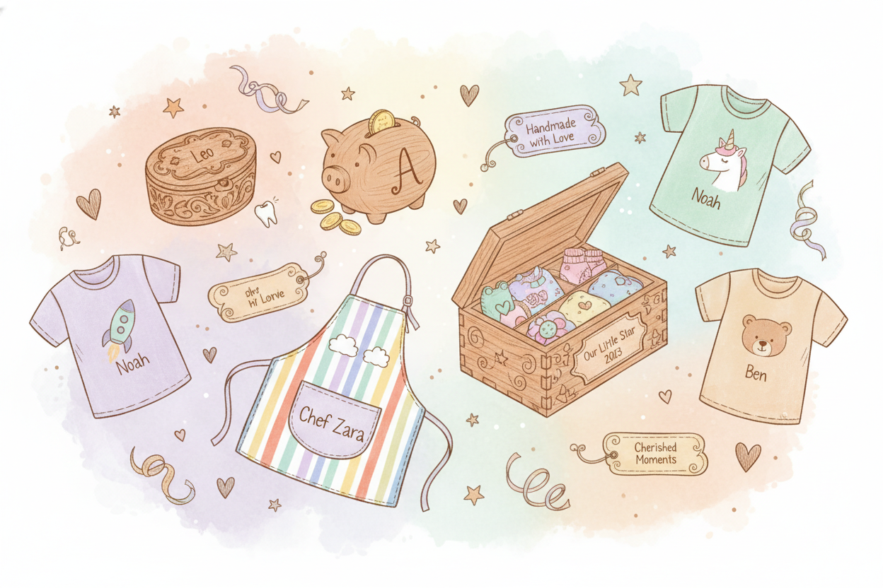 Personalisierte Holzbox mit Regenbogenmotiv und Namensaufdruck.