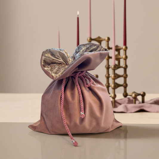 Nachhaltige Geschenkbeutel aus Samtstoff altrosa- Handgefertigter Stoff Geschenkbeutel mit rosa Kordeln