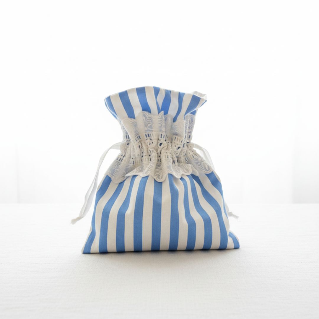 Gestreifter Stoffbeutel Kordelzug Blau-Weiß - Wiederverwendbare Baumwolltasche handgemacht