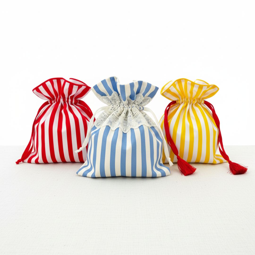 Gestreifte Stoffbeutel Kordelzug handgefertigt Rot Gelb Blau - Nachhaltige Geschenkverpackung Baumwolle
