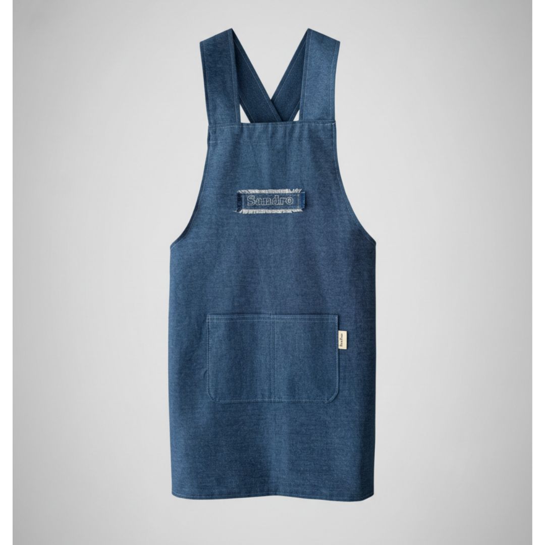 Kinderschürze aus Jeans mit Namen bestickt – Vorderansicht, handgemacht