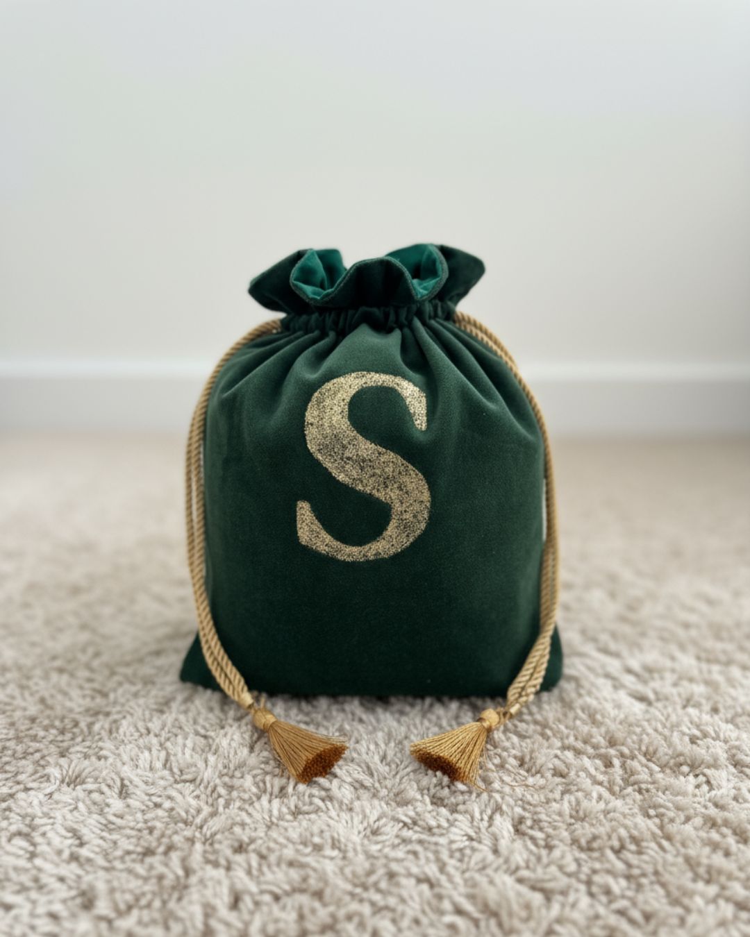 Personalisierter Beutel Smaragdgrün Weihnachten - Nachhaltige Geschenkidee Samt-Stoff handgemacht