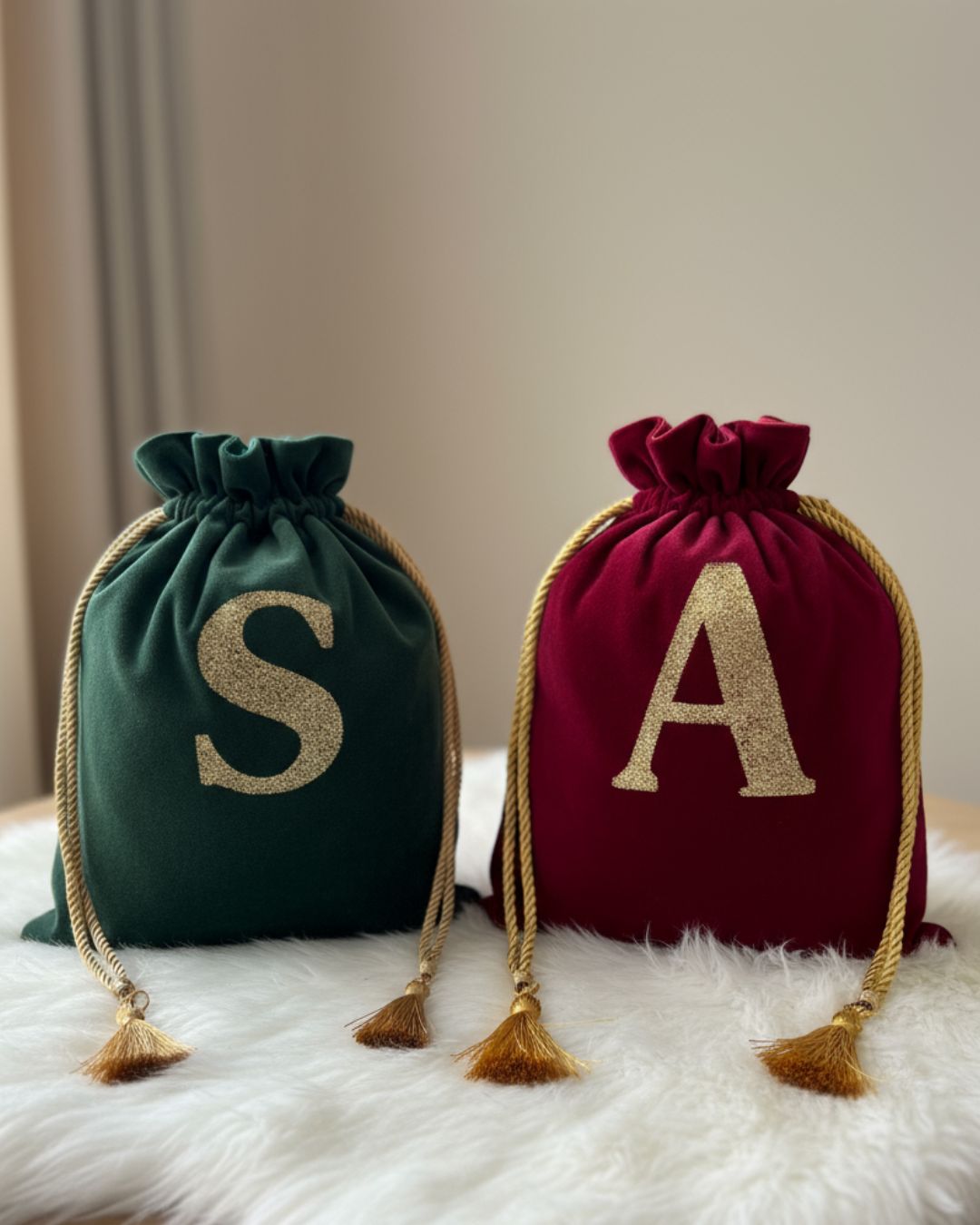 Sandrian Geschenksäcke aus Samtbaumwolle personalisiert - grüner und bordeauxroter Sack mit Goldbuchstaben S und A handgemacht Schweiz