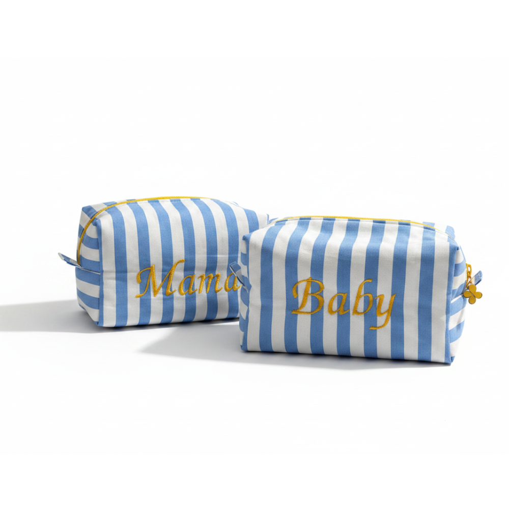 Kulturtasche Set Baby Mama Babyblau gestreift – Sandrian