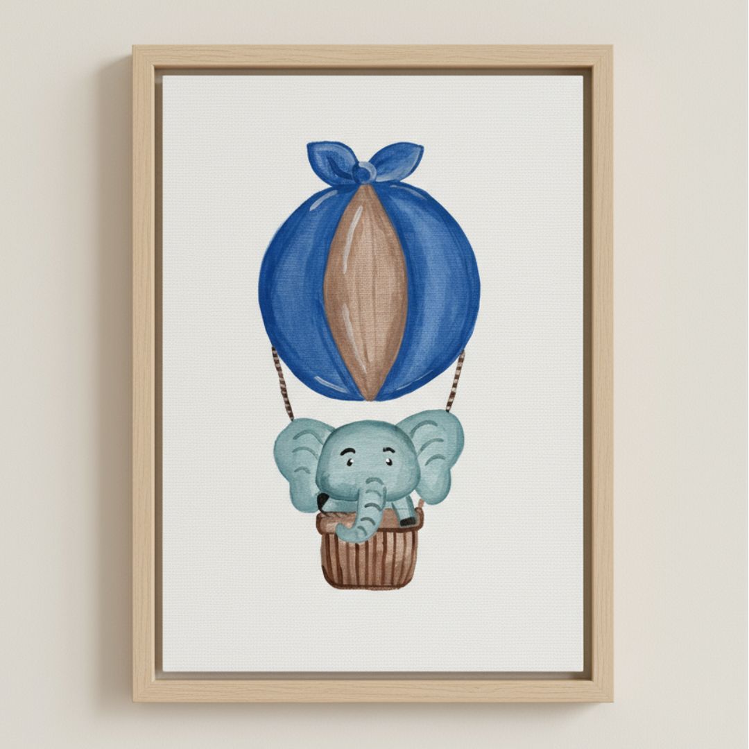 Handgemaltes Heißluftballon Leinwandbild mit Elefant eingerahmt für Kinderzimmer - Ballon Wandbild auf Canvas