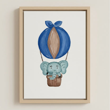 Handgemaltes Heißluftballon Leinwandbild mit Elefant eingerahmt für Kinderzimmer - Ballon Wandbild auf Canvas