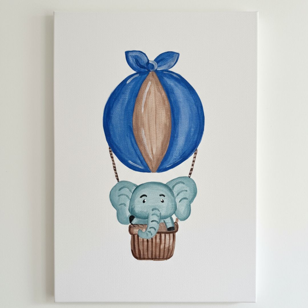 Handgemaltes Heißluftballon Leinwandbild mit Elefant für Kinderzimmer - Ballon Wandbild auf Canvas
