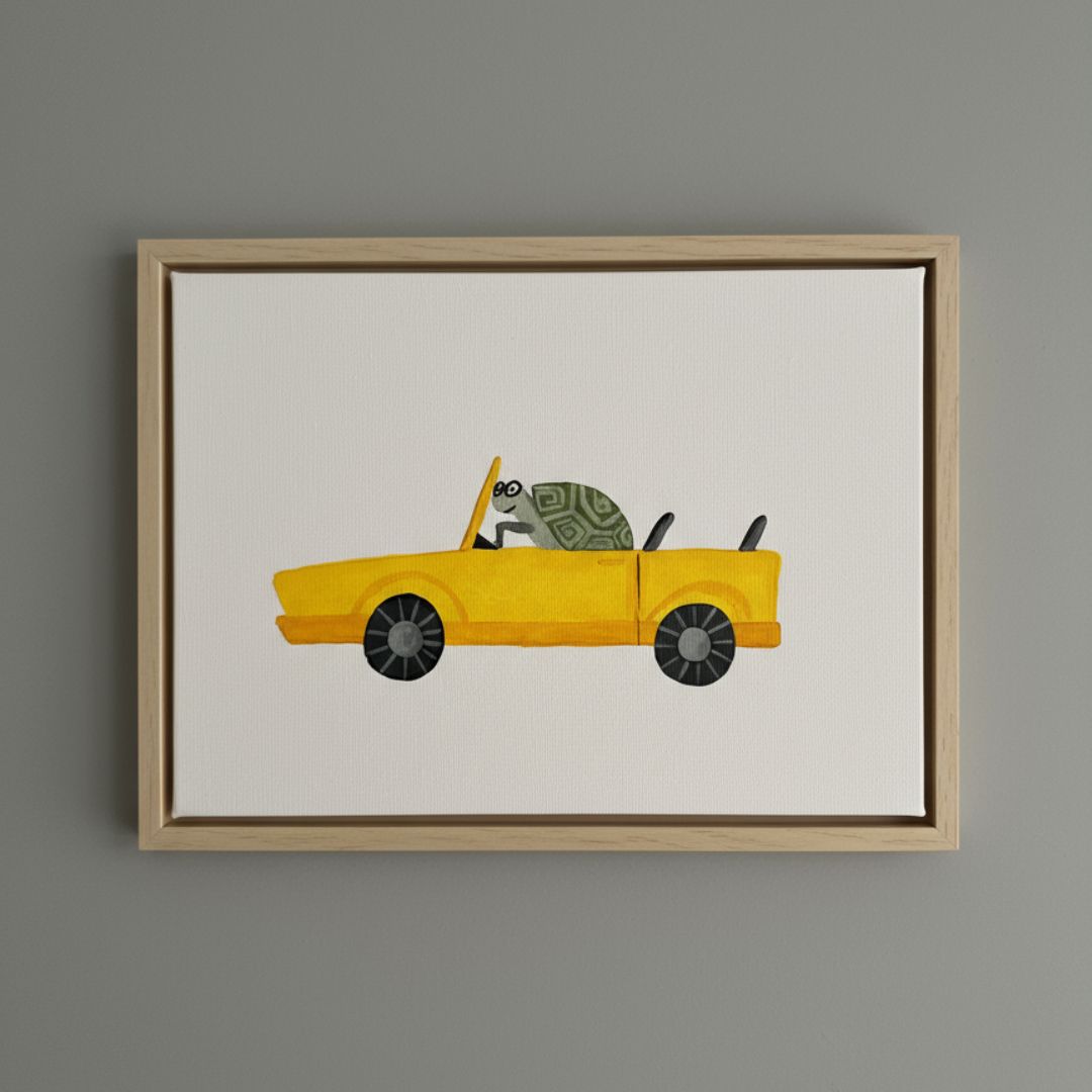 Handgemaltes Auto Leinwandbild in Gelb mit Rahmen für Kinderzimmer - Auto Wandbild auf Canvas