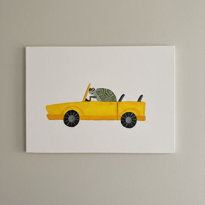 Handgemaltes Auto Leinwandbild in Gelb für Kinderzimmer - Auto Wandbild auf Canvas