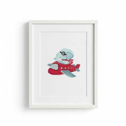 Handgemaltes Flugzeug Leinwandbild mit Elefant für Kinderzimmer eingerahmt - Flugzeug Wandbild auf Canvas