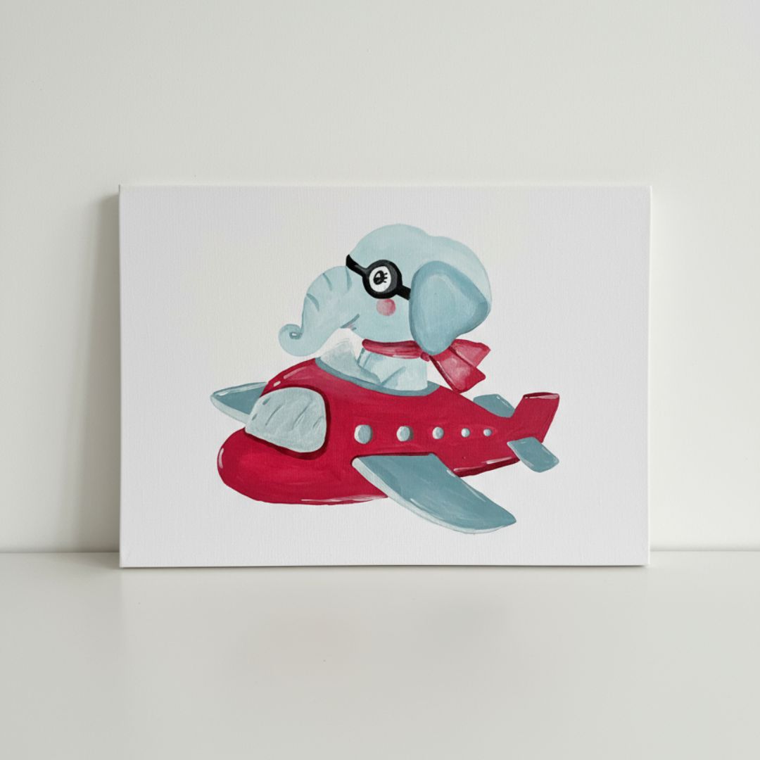 Handgemaltes Flugzeug Leinwandbild mit Elefant für Kinderzimmer - Flugzeug Wandbild auf Canvas