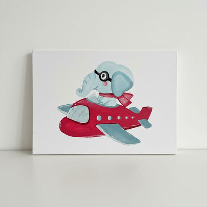 Handgemaltes Flugzeug Leinwandbild mit Elefant für Kinderzimmer - Flugzeug Wandbild auf Canvas