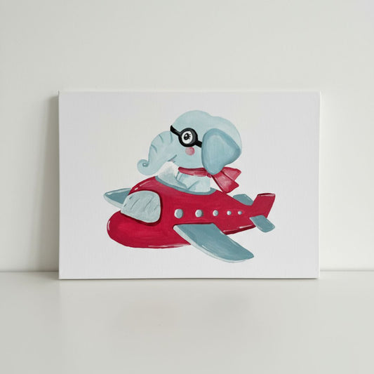 Handgemaltes Flugzeug Leinwandbild mit Elefant für Kinderzimmer - Flugzeug Wandbild auf Canvas
