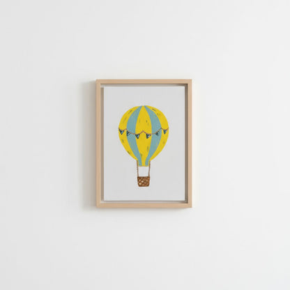 Handgemaltes Heißluftballon Leinwandbild in Gelb mit Rahmen für Kinderzimmer - Ballon Wandbild auf Canvas