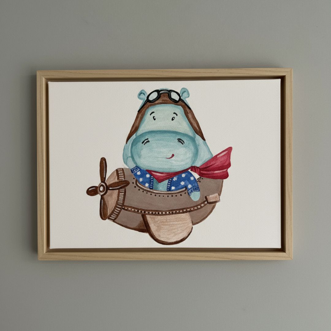 Handgemaltes Nilpferd Pilot Leinwandbild mit Rahmen für Kinderzimmer - Tier Wandbild auf Canvas