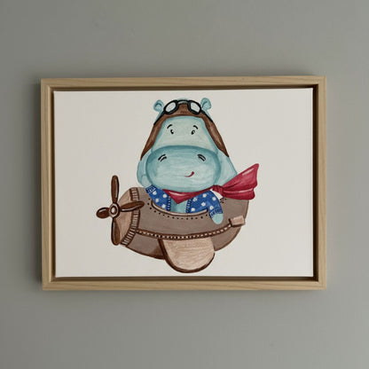 Handgemaltes Nilpferd Pilot Leinwandbild mit Rahmen für Kinderzimmer - Tier Wandbild auf Canvas